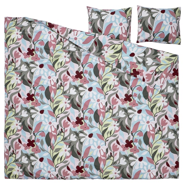 KORSKOVALL bedding set. Blue, pink, green florals. Cotton, viscose. Duvet, 2 pillowcases.