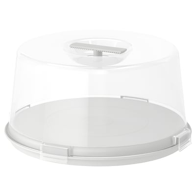 KRISPIG clear plastic cake carrier with lid, smooth & grooved tray, four latches, for transporting cakes and muffins.