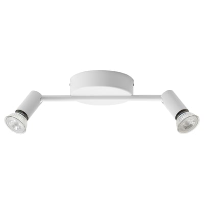 KRUSNATE white ceiling light with 2 adjustable spots. Modern, minimalist design. Aluminium & steel body.