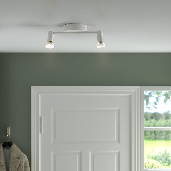 White ceiling light with two adjustable spots, illuminating a green wall and white door.