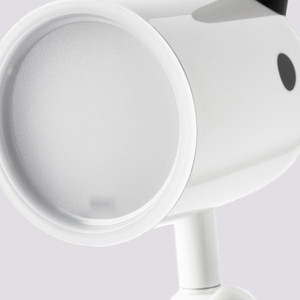 A white adjustable lamp with a round shade, suitable for crafts.