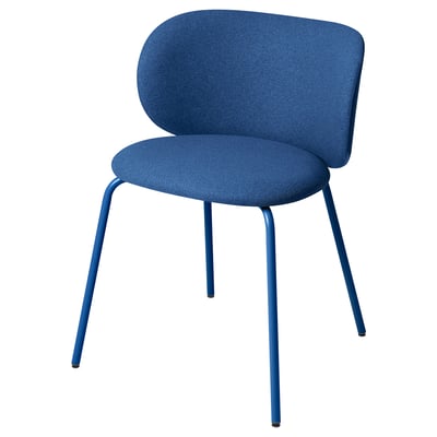 Blue modern chair with rounded back, upholstered seat, and metal legs.