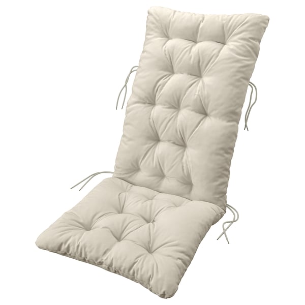 A KUDDARNA chair cushion, beige, with tufted design, ties for securing, and recycled polyester material.