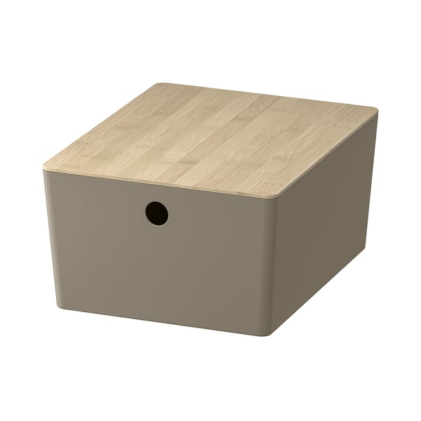 KUGGIS storage box, beige, bamboo lid, recycled pet, square shape, simple design.