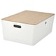 KUGGIS storage box, white with bamboo lid, rectangular shape, two handles.