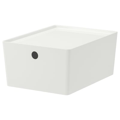 White KUGGIS storage box with black dot detail, rectangular shape, sturdy plastic.