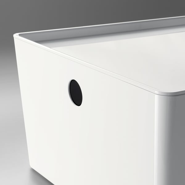 White KUGGIS box with sleek black lid, designed for dust protection, shown in pristine condition.
