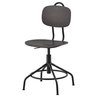 A KULLABERG office chair in black with a metal base. It adjustable height and swivel function, with a round seat and backrest.