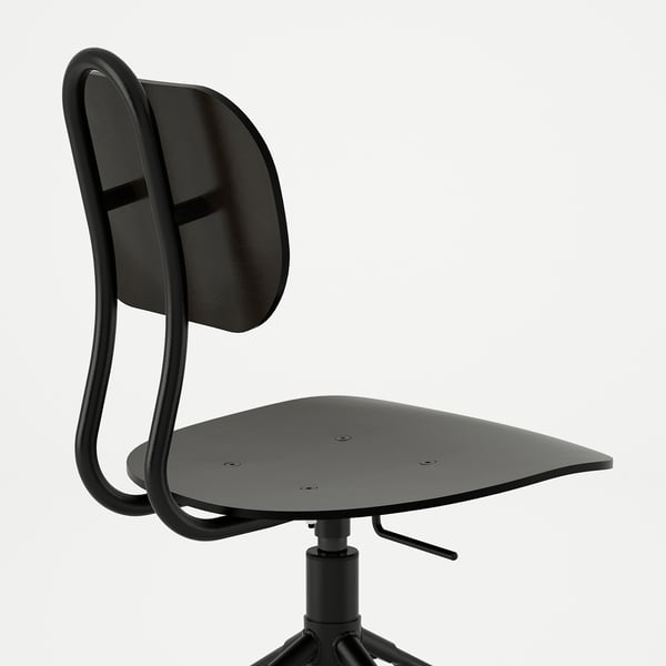 Black office chair with adjustable height and metal ring footrest.