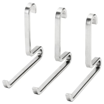 Four silver stainless-steel KUNGSFORS hooks, two vertical and two horizontal, designed for kitchen utensils, with sleek and modern design.