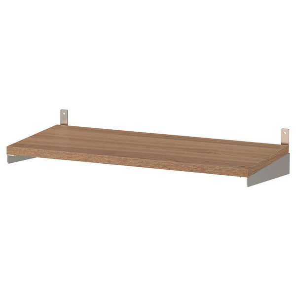 A KUNGSFORS wooden shelf in brown with stainless steel brackets.