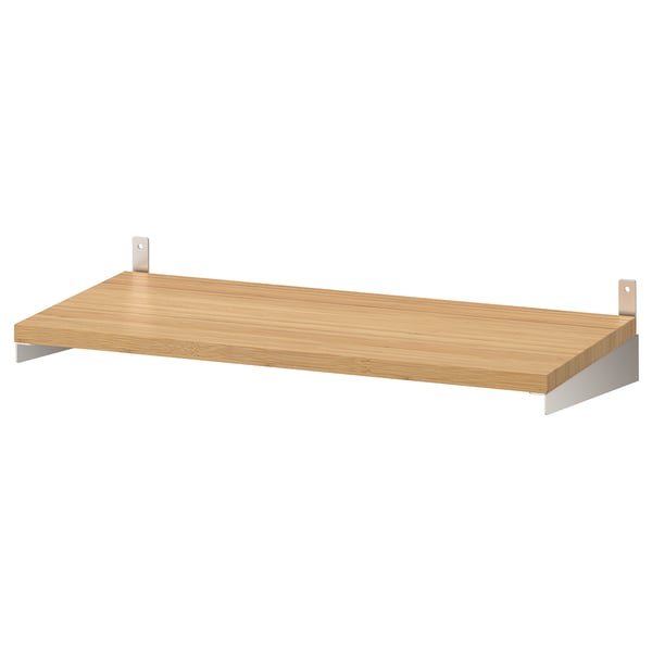 KUNGSFORS wooden shelf, stainless steel brackets, rectangular design for wall storage.