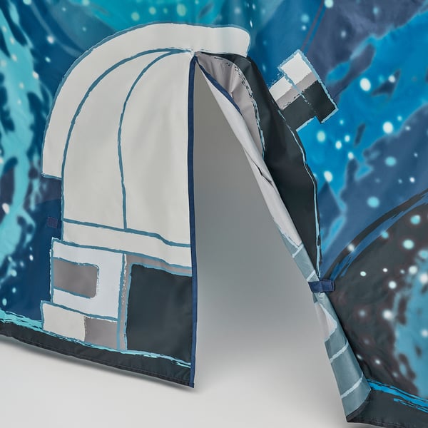 Starry tent attached to bed, quality fabric, durable stitching, secure fasteners.