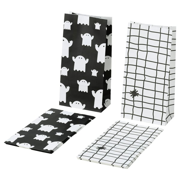 Two black and white halloween-themed paper bags, one with ghosts, one with grid pattern, and their flat counterparts displayed, all made of paper.