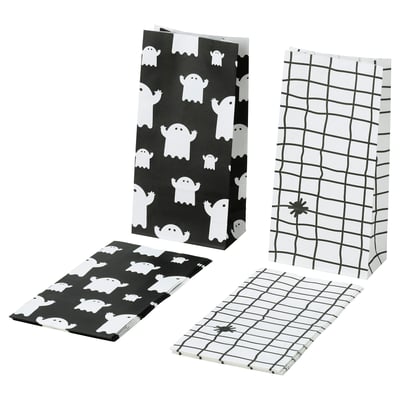 Two black and white halloween-themed paper bags, one with ghosts, one with grid pattern, and their flat counterparts displayed, all made of paper.
