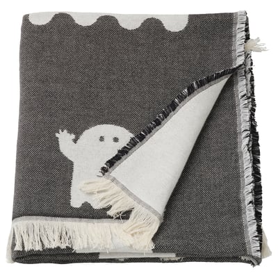 KUSTFYR halloween horror ghost throw - black & white cotton, square, fringed.
