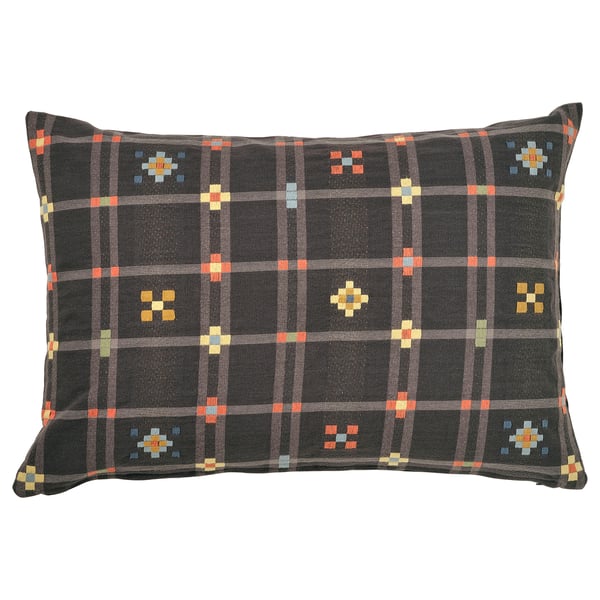 KUSTGRAN cushion, grey with plaid and cross patterns, rectangular shape, tactile cotton weave.