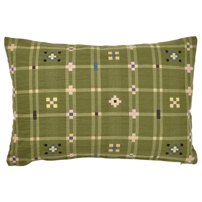 KUSTGRAN olive-green cushion, grid pattern, rectangular, handwoven cotton.
