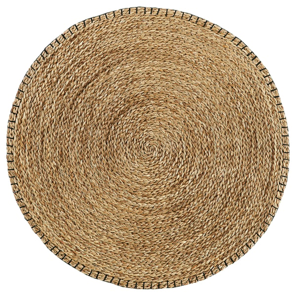 Handwoven KYSING round jute rug, natural brown colour, spiral design, durable seagrass material.