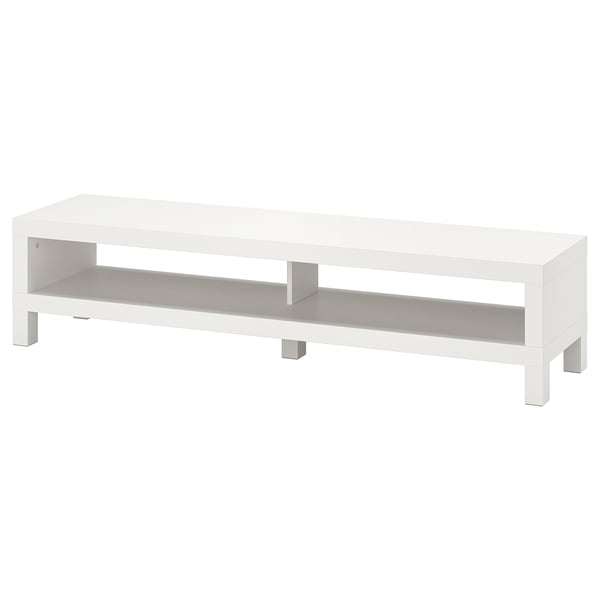 The LACK tv bench is white, rectangular, and minimalist with a simple design. It a single open shelf for storage and easy wire management.