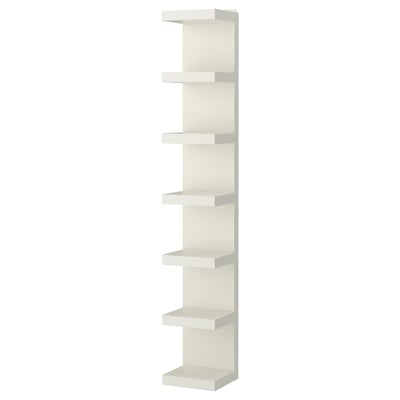 An empty white LACK wall shelf with multiple compartments. Its mounted vertically, shaped as a tall slim unit. The design is minimalistic and modern.