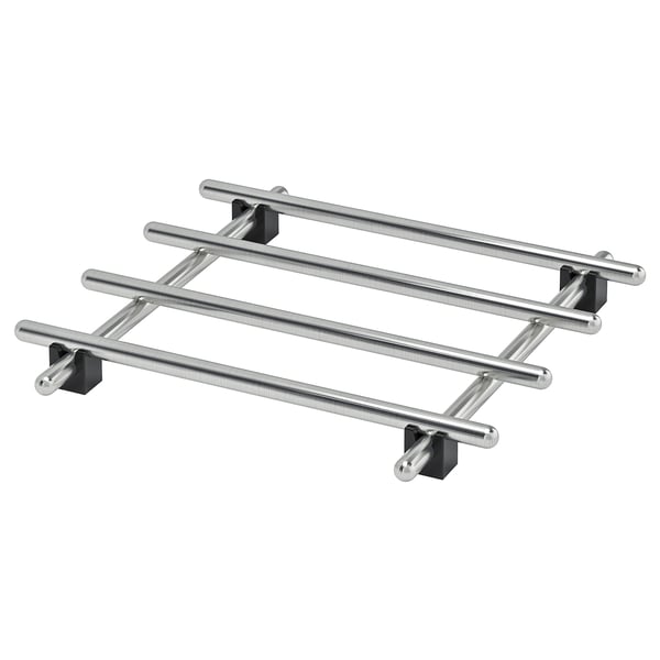 Stainless steel LÄMPLIG kitchen rack with black plastic feet.