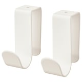 Two white LÄTTHET hooks, ideal for hanging items, featuring a simple, curved design with a top clip for photos or papers.