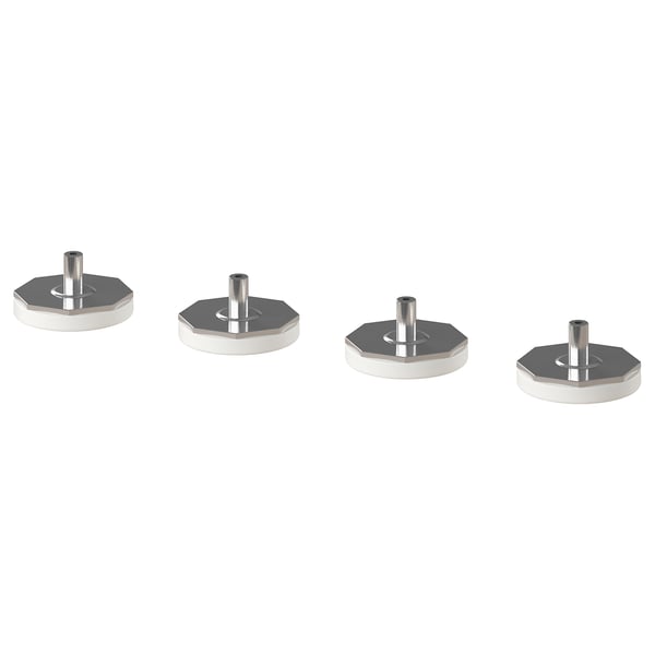 Four circular, metallic LÄTTHET feet with adjustable screws, designed for platsa storage, arranged in a row.