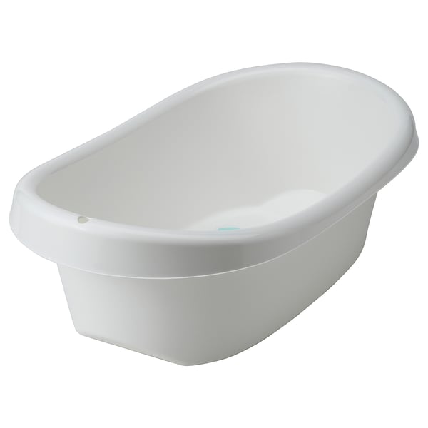 White plastic baby bathtub with soft edges and non-slip base.