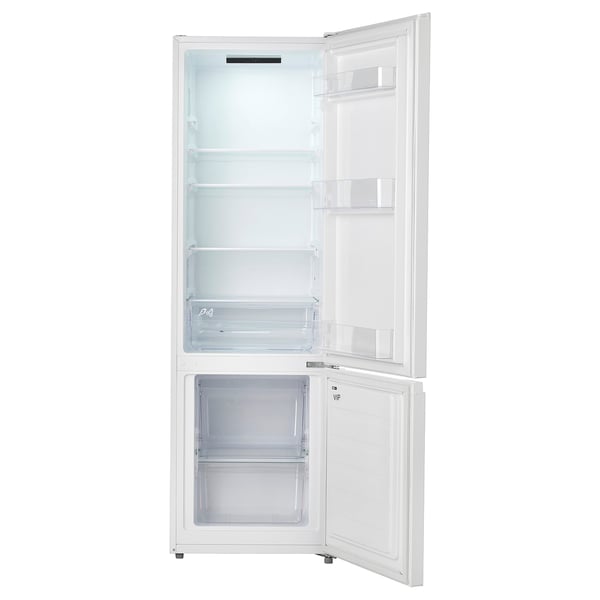 A white, freestanding refrigerator-freezer combo with adjustable shelves and transparent drawers.