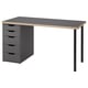 Modern grey desk with four drawers, sleek black legs, and a minimalist design. Honeycomb-patterned edge banding adds style.