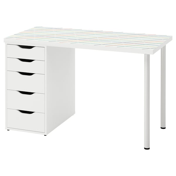 A white LAGKAPTEN desk with five drawers. It a colourful grid pattern and sleek, functional design, perfect for a modern workspace.