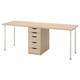 Light wood desk with five drawers, four legs, minimalist design.