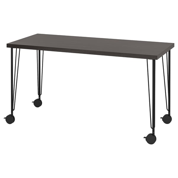 LAGKAPTEN: black rectangular desk with hairpin legs and casters.