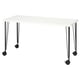 LAGKAPTEN, modern white desk, rectangular top, black metal legs with wheels.