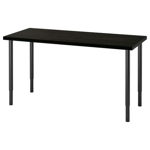 LAGKAPTEN desk in dark brown wood & black metal. Rectangular top, adjustable legs.