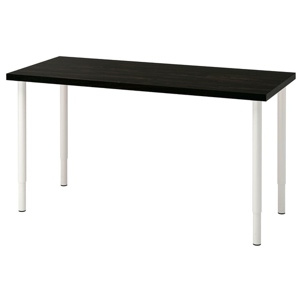 LAGKAPTEN: modern rectangular desk, black top, white legs, adjustable height, minimalist design, sustainable materials.
