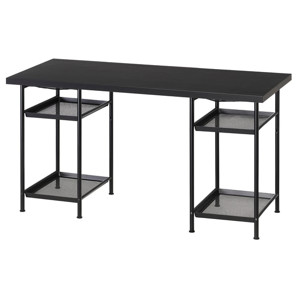 Black rectangular desk with two mesh shelves, sturdy metal frame. Modern, minimalist design, ideal for home or office.