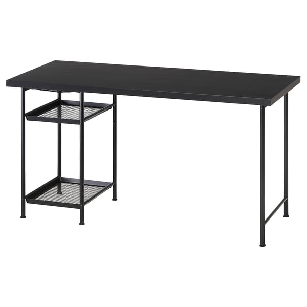 LAGKAPTEN desk in black with mesh shelves.