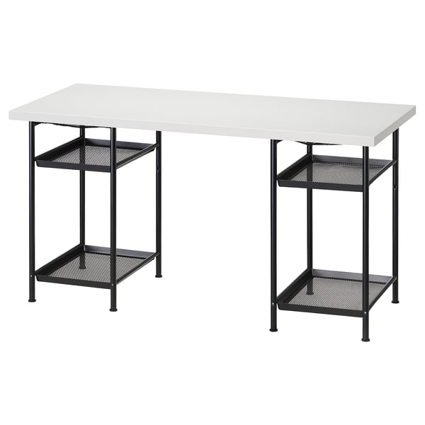 LAGKAPTEN desk: rectangular white tabletop, black metal legs with 2 mesh shelves for storage.