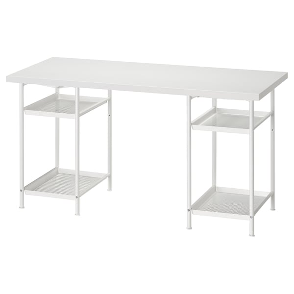 White LAGKAPTEN desk, rectangular, metal frame, two shelves.