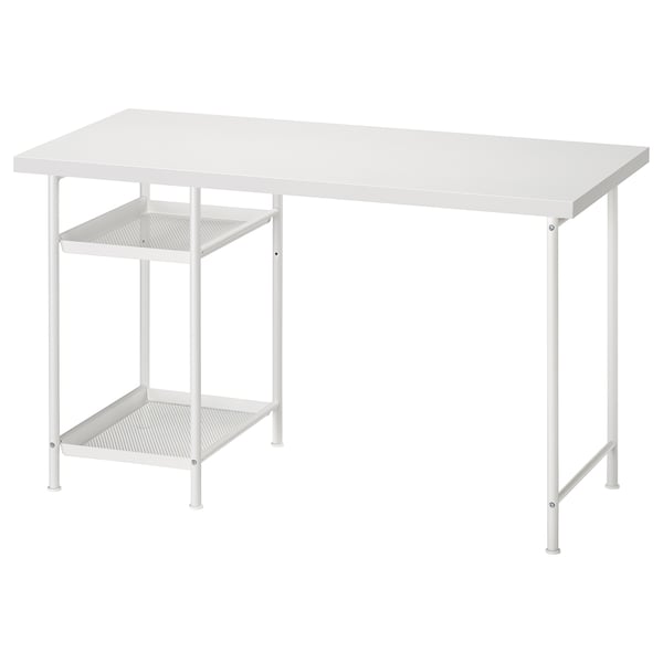 LAGKAPTEN: white metal table with mesh shelves, rectangular, modern minimalist design for workspace efficiency.