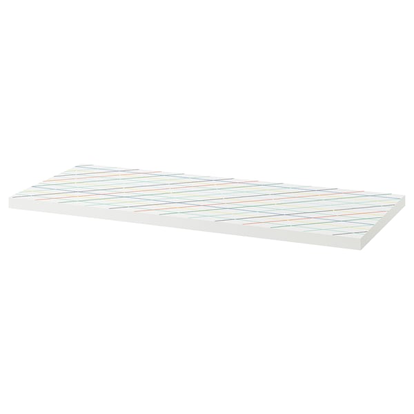 LAGKAPTEN white table top with scandinavian charm, flat rectangular shape, pre-drilled holes, board-on-frame material, colourful grid pattern.