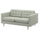 Modern light grey fabric sofa with chrome legs, tufted back and seat cushions.
