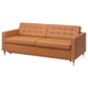 A tan leather sofa named LANDSKRONA. It is modern with tufted back and seat cushions, wooden legs, and a 10-year guarantee.