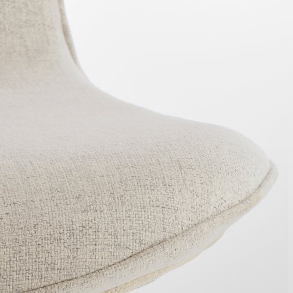 Close-up of LÅNGFJÄLL chairs upholstered seat, showcasing soft, textured fabric and neat stitching, emphasising comfort and quality.