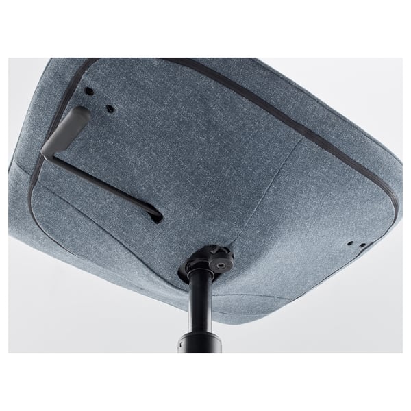 Blue mesh office chair bottom, showing adjustable mechanism and castors.