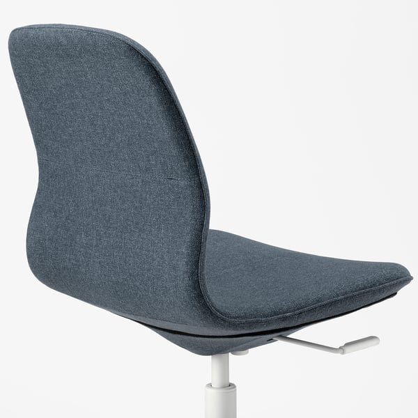Blue office chair with curved lines, height-adjustable seat, and tilt mechanism. White gas lift and base, upholstered in soft fabric.