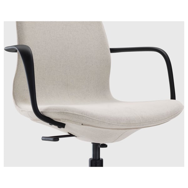 Beige office chair with armrests and black base; lumbar support visible.