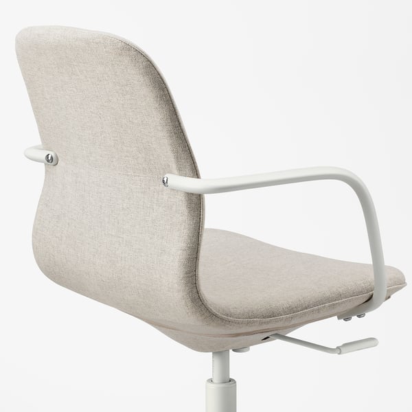 Modern office chair with beige fabric, padded seat, and armrests, designed for comfort and support.